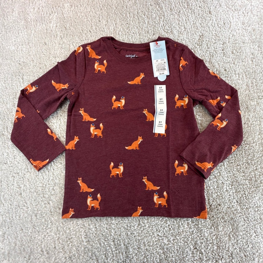 Cat & Jack Toddler Boys Maroon Fox Print Long Sleeve Graphic Tee Shirt 5T NEW